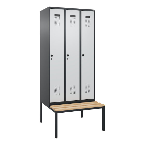 C+P Kleiderspind Evolo PLUS 900 x 2.120 x 815 mm (B x H x T) 3 Abteile Stahl/Buche-Hartholz Farbe der Front: lichtgrau Farbe des Korpus: schwarzgrau