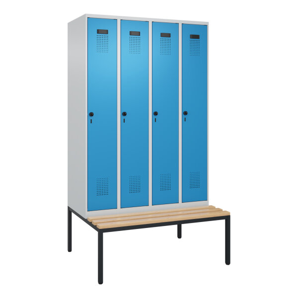 C+P Kleiderspind Evolo PLUS 1.200 x 2.120 x 815 mm (B x H x T) 4 Abteile Stahl/Buche-Hartholz Farbe der Front: lichtblau Farbe des Korpus: lichtgrau