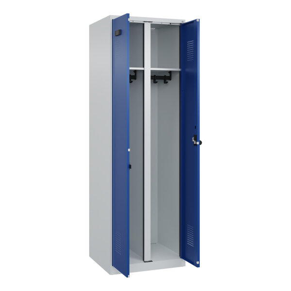 C+P Kleiderspind Evolo PLUS 600 x 1.850 x 500 mm (B x H x T) 2 Abteile Stahl Farbe der Front: enzianblau Farbe des Korpus: lichtgrau