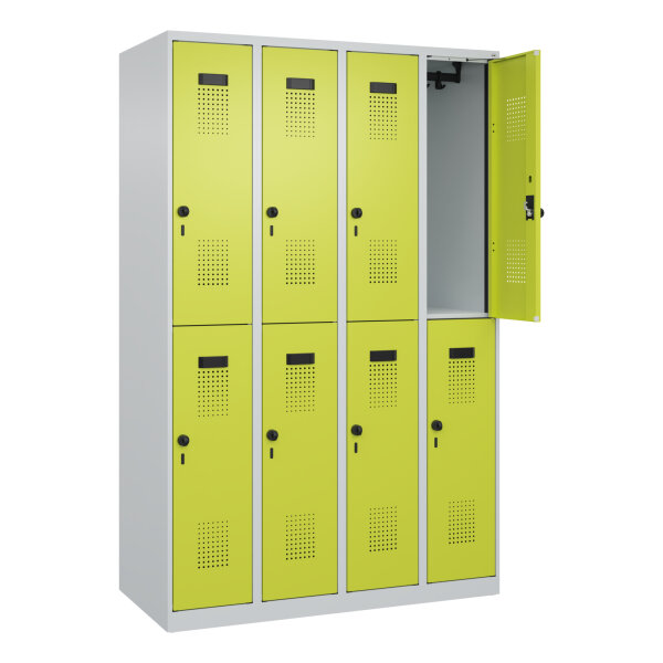 C+P Kleiderspind Evolo PLUS 1.200 x 1.850 x 500 mm (B x H x T) 4 Abteile Stahl Farbe der Front: clowngrün Farbe des Korpus: lichtgrau