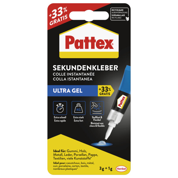 Pattex Sekundenkleber Ultra Gel Gummi, Leder, Keramik, Holz, Pappe 3g