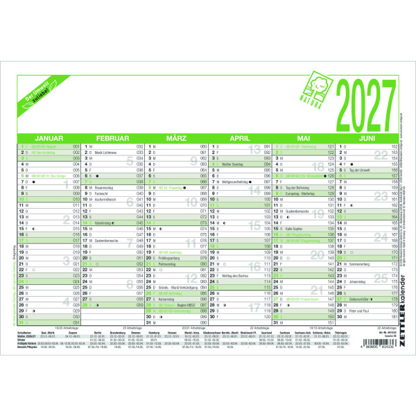 ZETTLER Tafelkalender Natura 2027 6 Monate/1 Seite 29,7 x 21 cm (B x H) Karton, 100 % recycelt